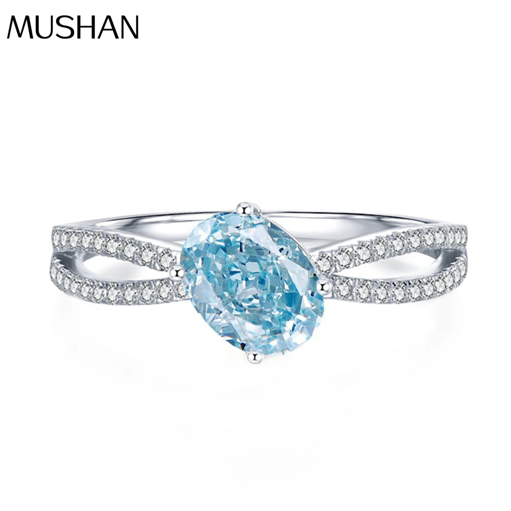 MuShan Jewelry 2.8ct Sea Blue Treasure 8A High Carbon Diamond 6*8 Ice Flower Cut S925 Pure Silver Luxury Wedding Ring for Party