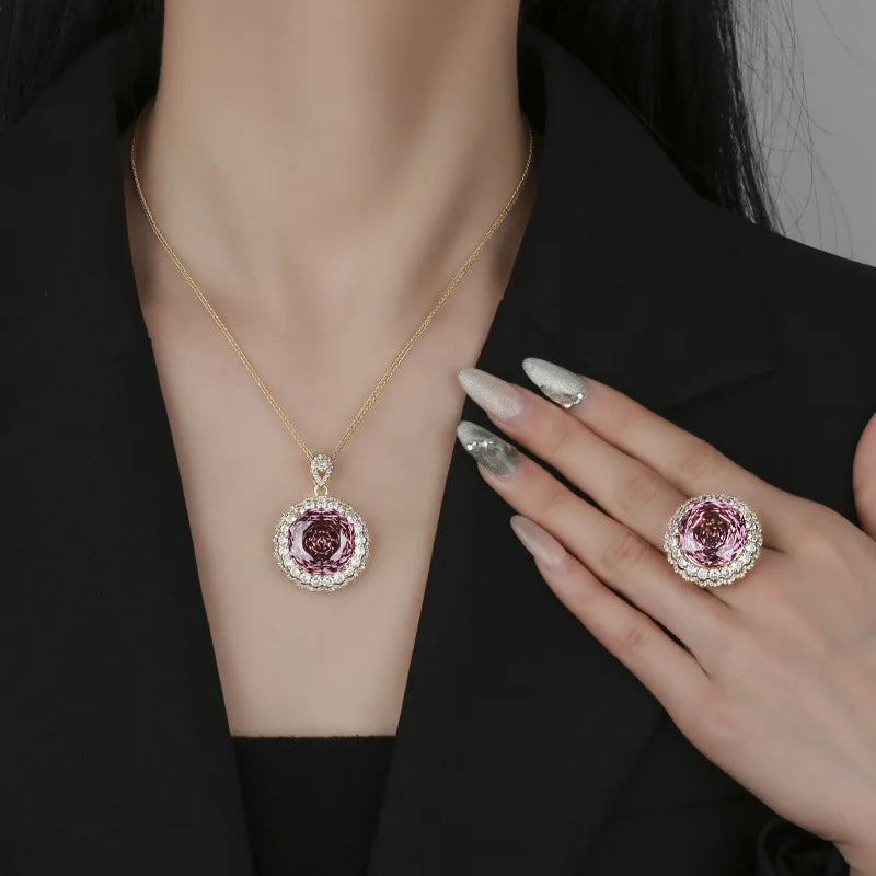 Gemfiori Luxurious Sparkling Rose Pendant Ring Set Fashionable and Elegant Zircon Bride Engagement Jewelry Party