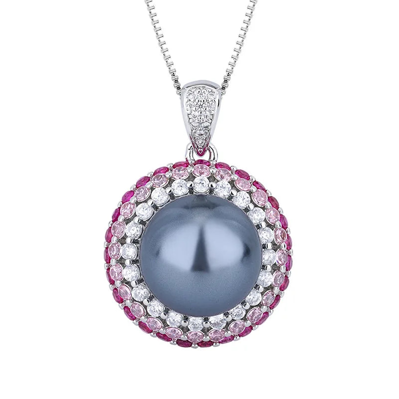 Gemfiori European and American Caibao Inlaid Earring Ring Niche High-end Feeling Gray Pearl Necklace Set Jewelry Set