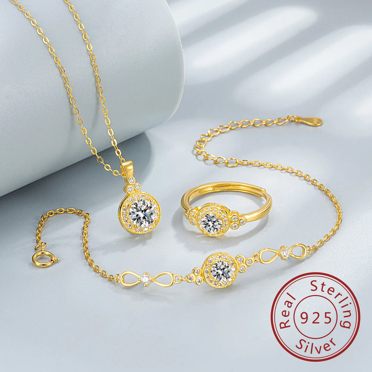 S&S 925 Sterling Silver Zircon Square Jewellery Set | Necklace, Bracelet & Ring | Platinum & Gold | S&S Collection