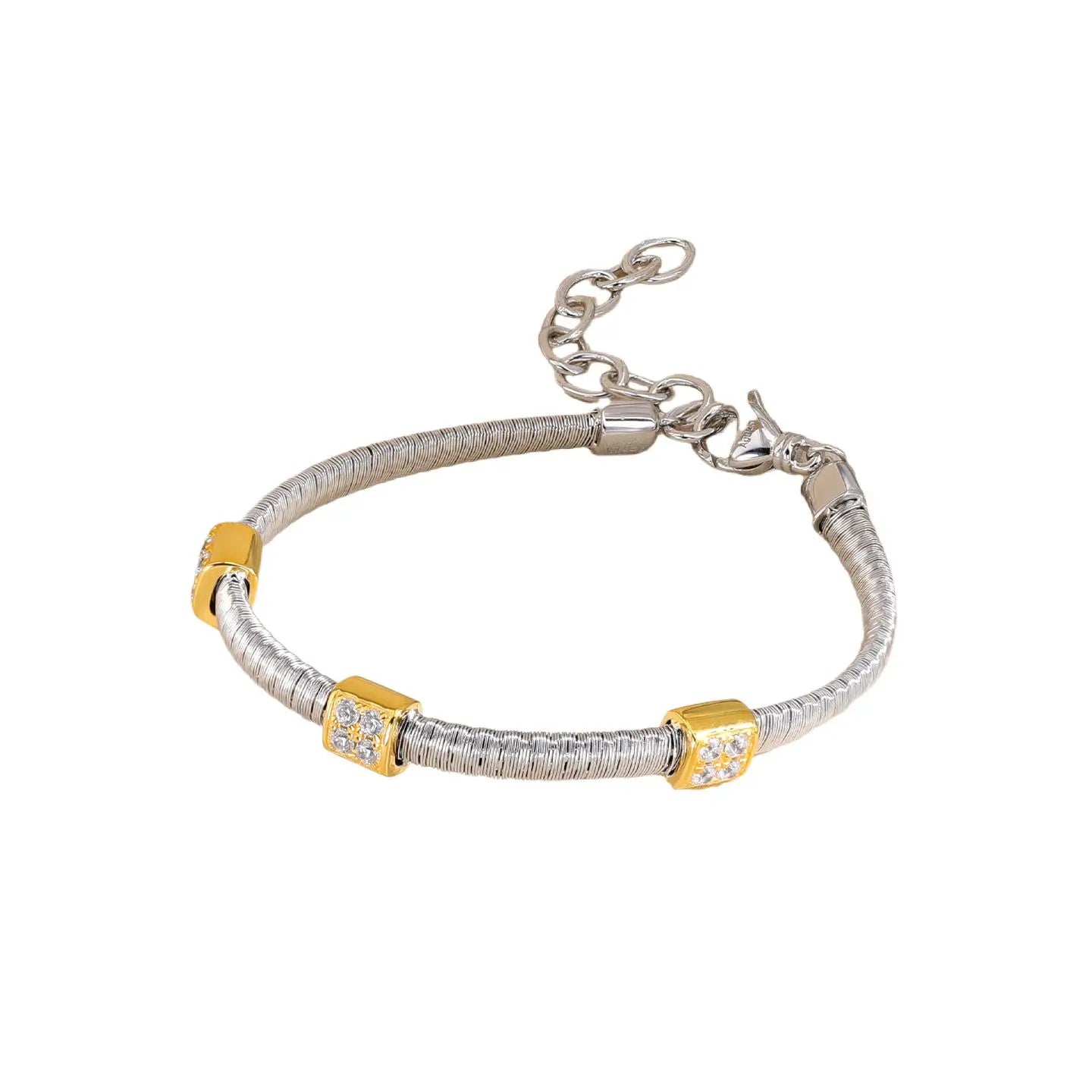 MuShan Jewelry Factory S925 Sterling Silver Gold String Chain Bracelet for Women, square Bezel Set with High Carbon Diamonds