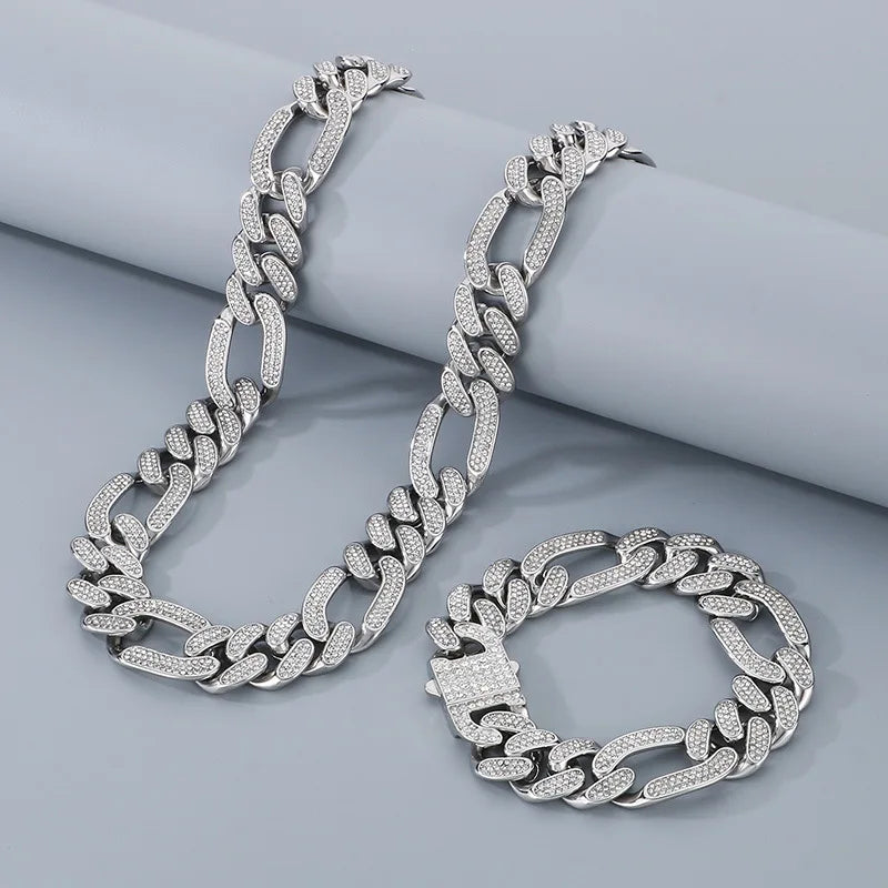 S&S 2PCS/SET European and American Stainless Steel Hip-hop Full Diamond Cuban Chain Stainless Steel Men's Necklace Bracelet Set 2
