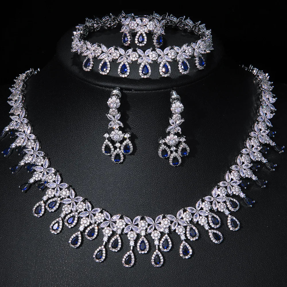 Luxury Pear-Cut Zirconia Teardrop Floral 4-Piece Necklace, Earrings, Ring & Bracelet Bridal Set — Rhodium Plated