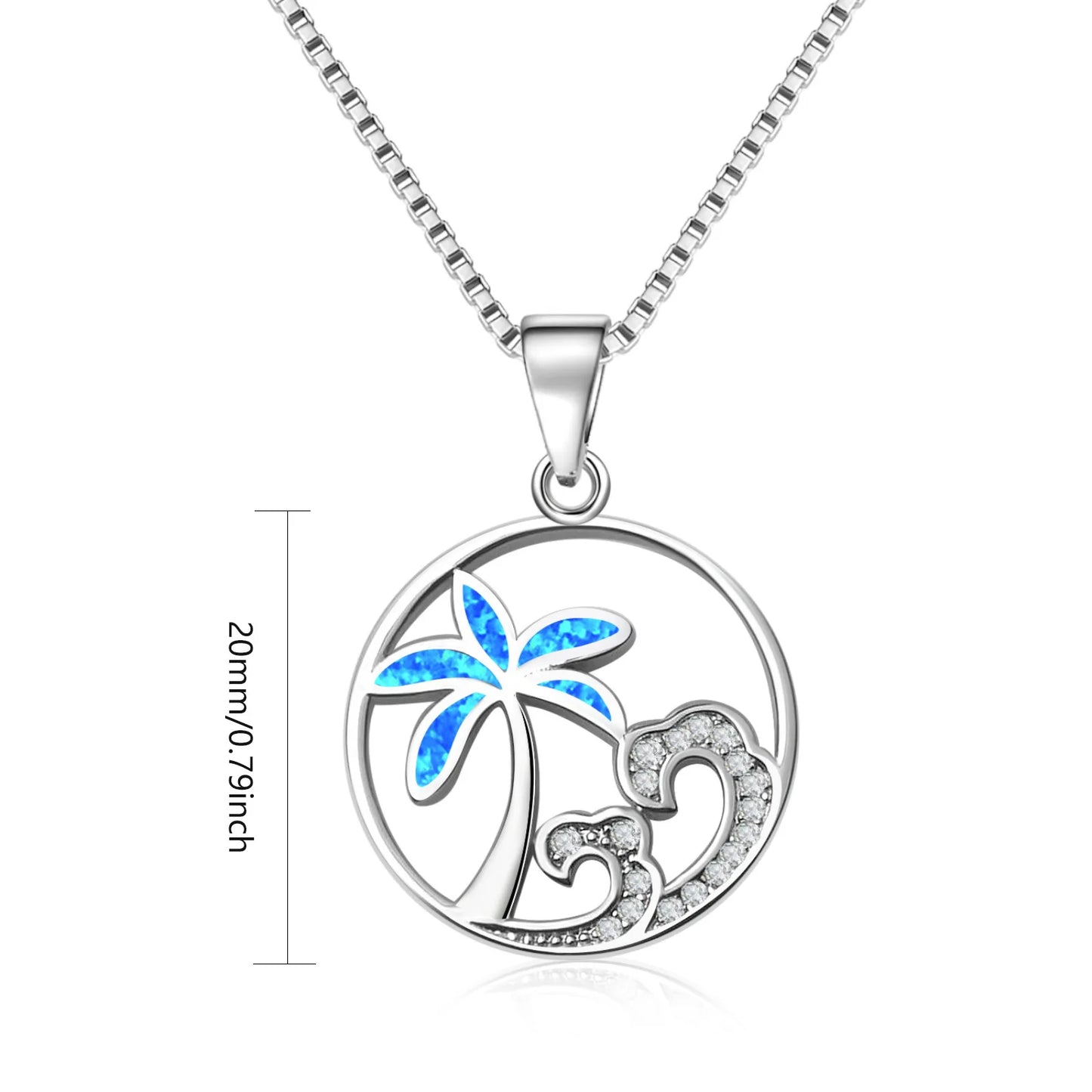 Summer Blue Opal Pendant Necklace | Trendy Silver Plated Brass Box Chain Minimalist Coconut Tree Design for Women's Anniversary