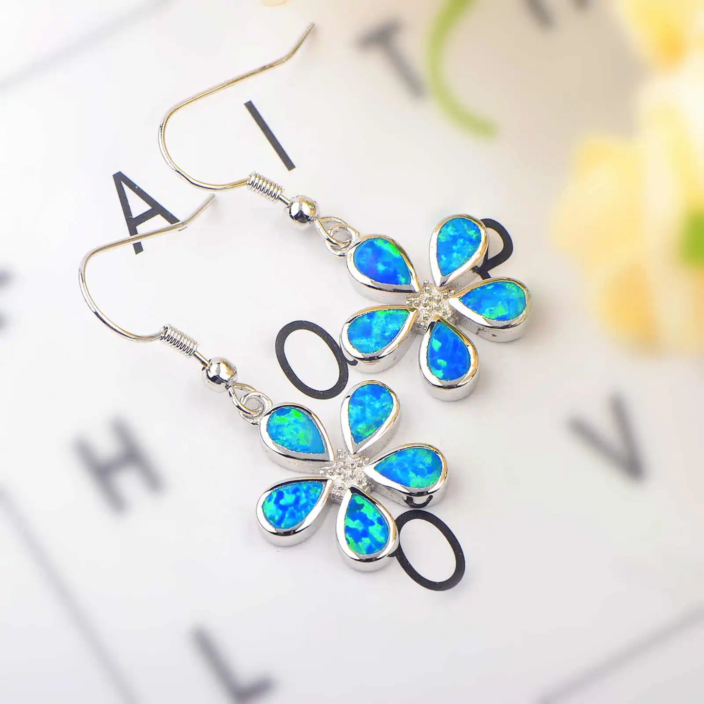 Dual-Tone Flower Opal Drop Earrings - Blue Fire Opal Petals & Gold-Accent Center Design | Whimsical Daily Jewelry Bulk Gifts