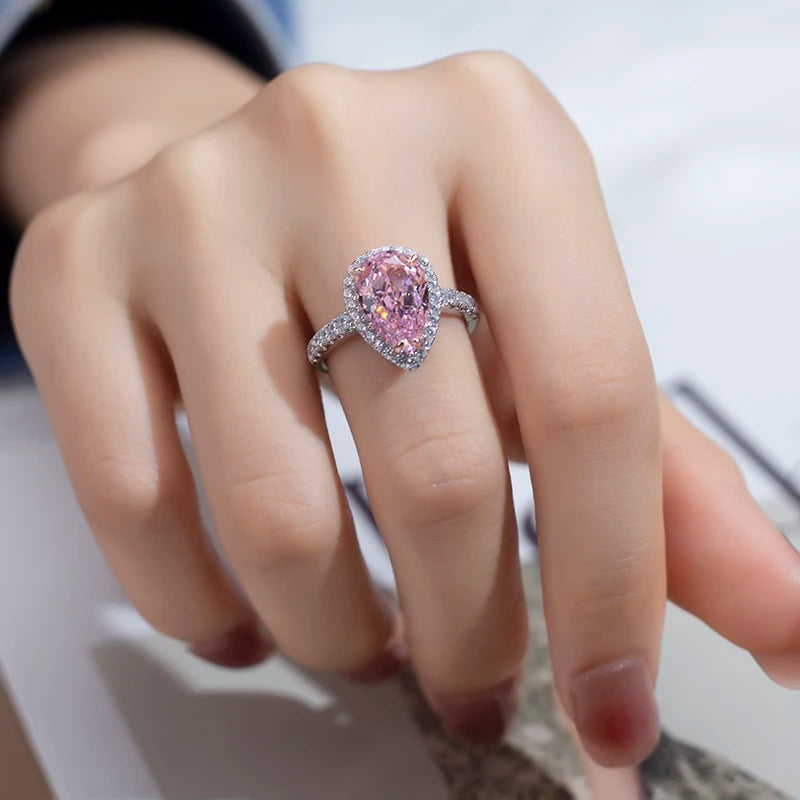 Messi Jewelry MSR-962 High Carbon Cubic Zircon Pink Diamond Ring Jewelry S925 Pear Cut Eternity  Engagement Wedding Ring