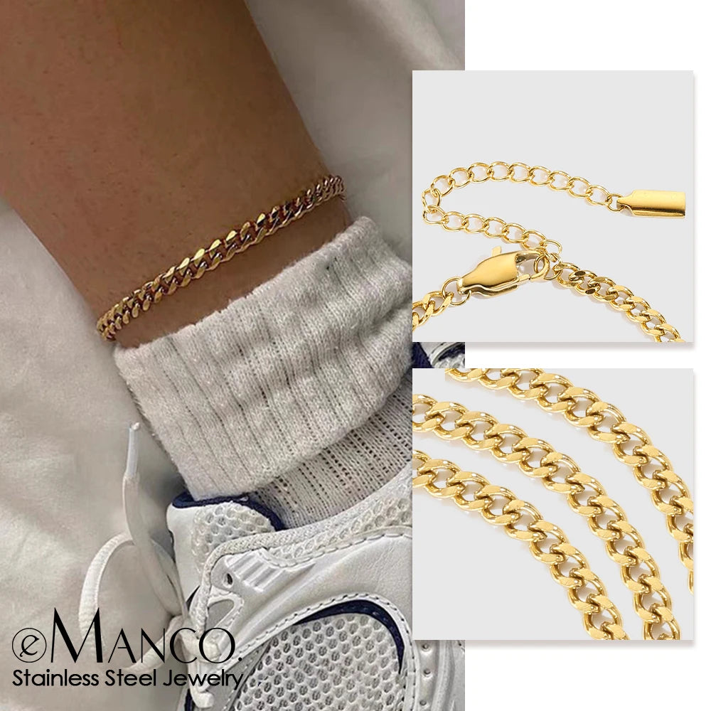 eManco 3MM Cuban Chain Anklet Stainless Steel Silver 14K Gold Plated Unisex Engagement Jewelry Classic Lobster Buckle Fashion
