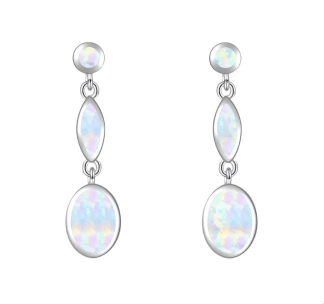 Iridescent Opal Tiered Earrings-White Fire Opal with Brass Setting | Trendy Geometric Dainty Layered Jewelry Bulk Gifts