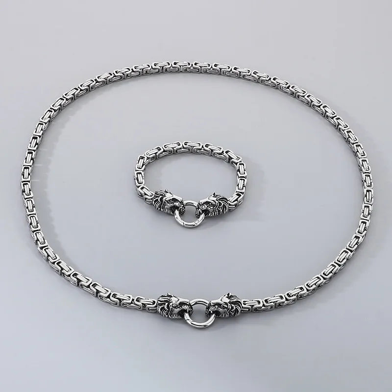 REBEL CY Hip-Hop Style Bold Lion Head Stainless Steel Bracelet Trendy Versatile Men's Imperial Chain Necklace Set Jewelry
