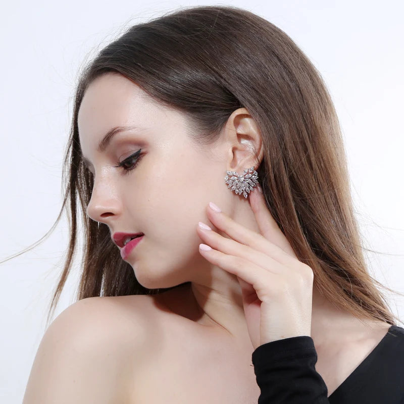 Rhodium Plated CZ Jewelry Set Marquise Leaf Heart Stud Earrings Necklace Earrings Jewelry Set for Women Special Daily Dating