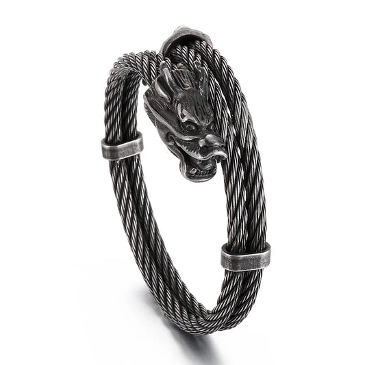 KALEN Punk Mens Stainless Steel Cuff Bracelets With Dragon Head&Tail Charms