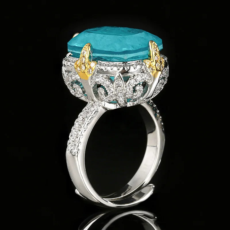 REDheart Women's Copper Inlaid Zircon Plated Two-Color Open Ring Copper Base Gold-Plated Imitation Paraiba Blue Wedding Party Set