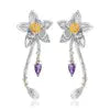 ArtistA Handmade 925 Silver Gold Plated Natural Amethyst Gemstone Matching Lotus-Flower Open Adjustable Ring & Long Dangle Earrings Set