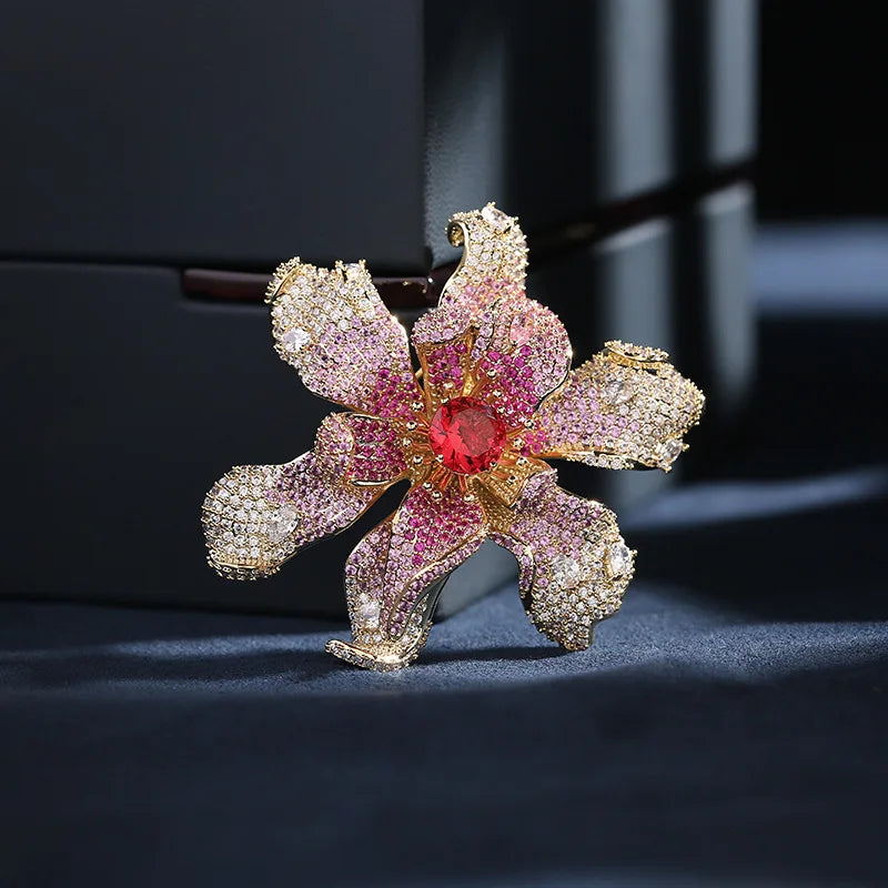 3D Flower Zircon Brooch Heavy Duty Luxury Clothes Fixed Lapel Pin High Grade Elegant Accessories for Coat Overcoat Evening Dress