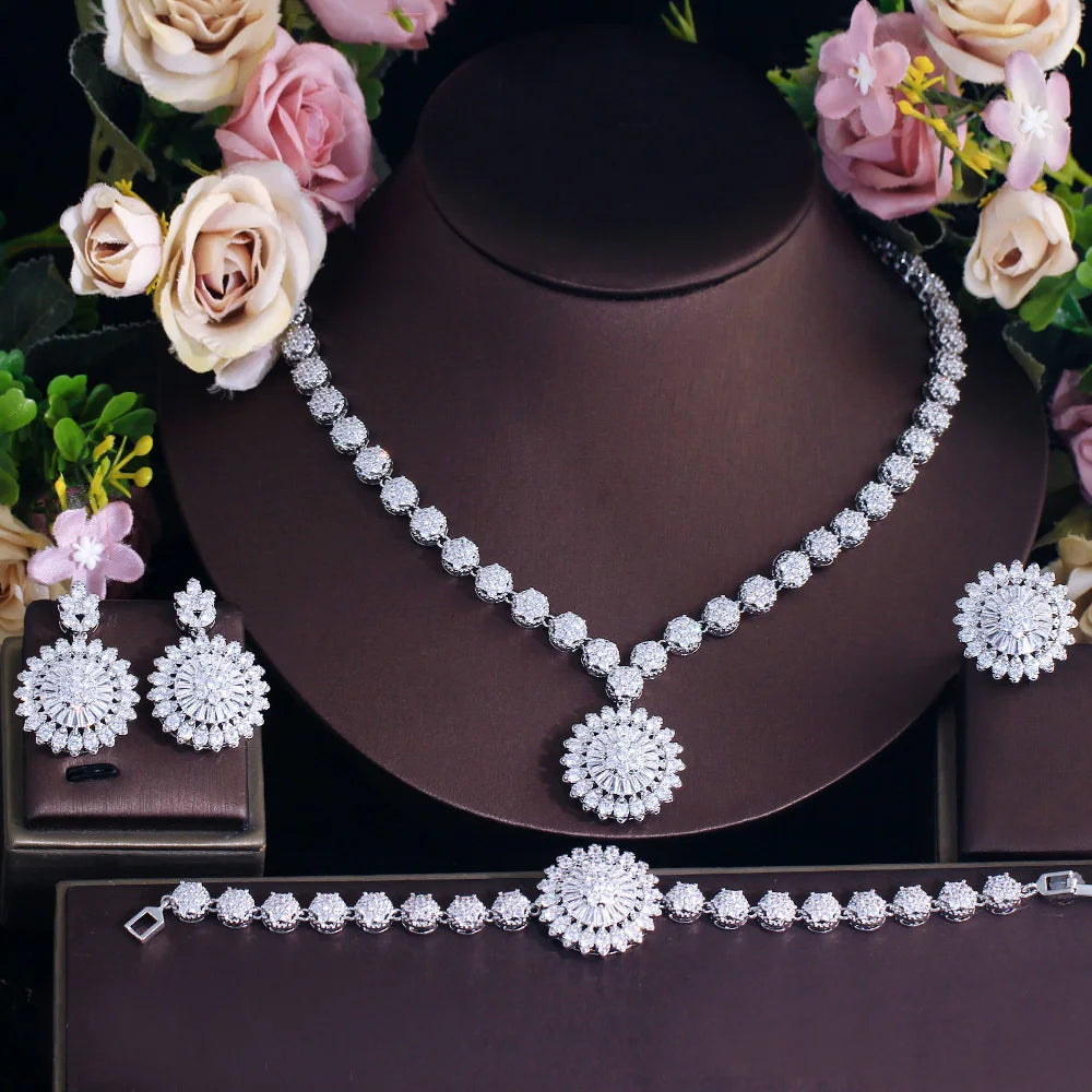 Female Luxury Cubic Zircon Jewelry Set Round Shape 4pcs Necklace Ring Earring and Necklace Jewelry Sets for Women Wedding Party