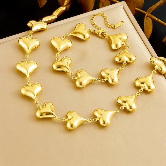 Unique Gold Heart Necklace & Bracelet Jewellery Set for Women
