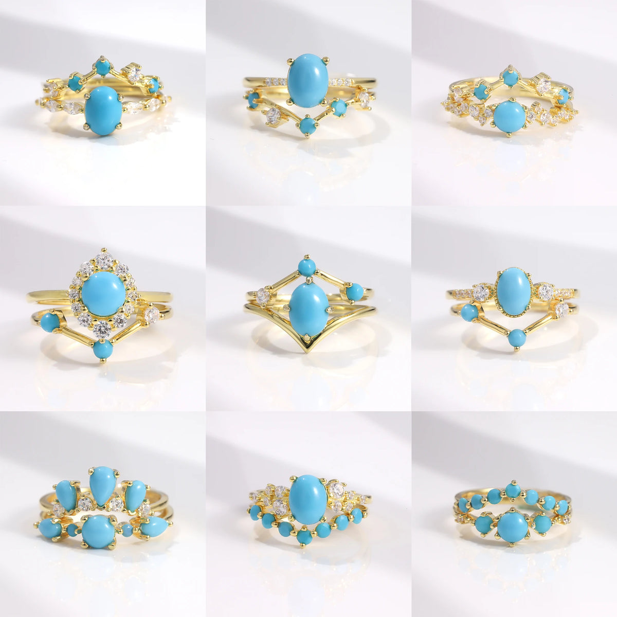 ArtistA Abiding Light Luxury Cluster Zirconia Synthetic Turquoise Gemstone 925 Silver Wedding Engagement Ring Set