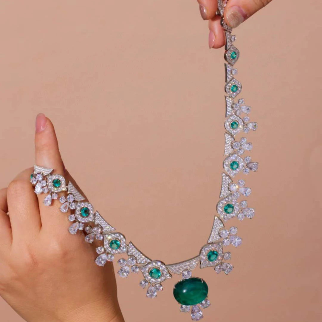 Emerald Green Cubic Zirconia Geometric Necklace & Earrings Jewellery Set