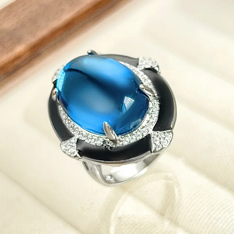 Gemfiori Victorian Style Classic Blue Zircon with Black Border Noble and Fashionable Retro Pendant Ring Set
