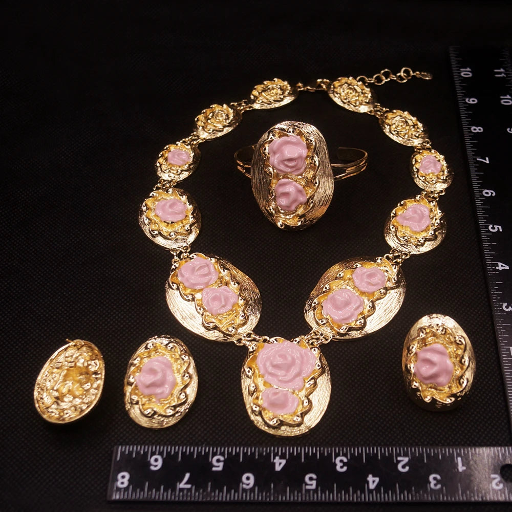 Zhuerrui Two Tone Italian Gold Jewelry Sets Necklace Bracelet Earrings Ring Bridal Western Heavy Wedding Fine Jewelry Set H00615