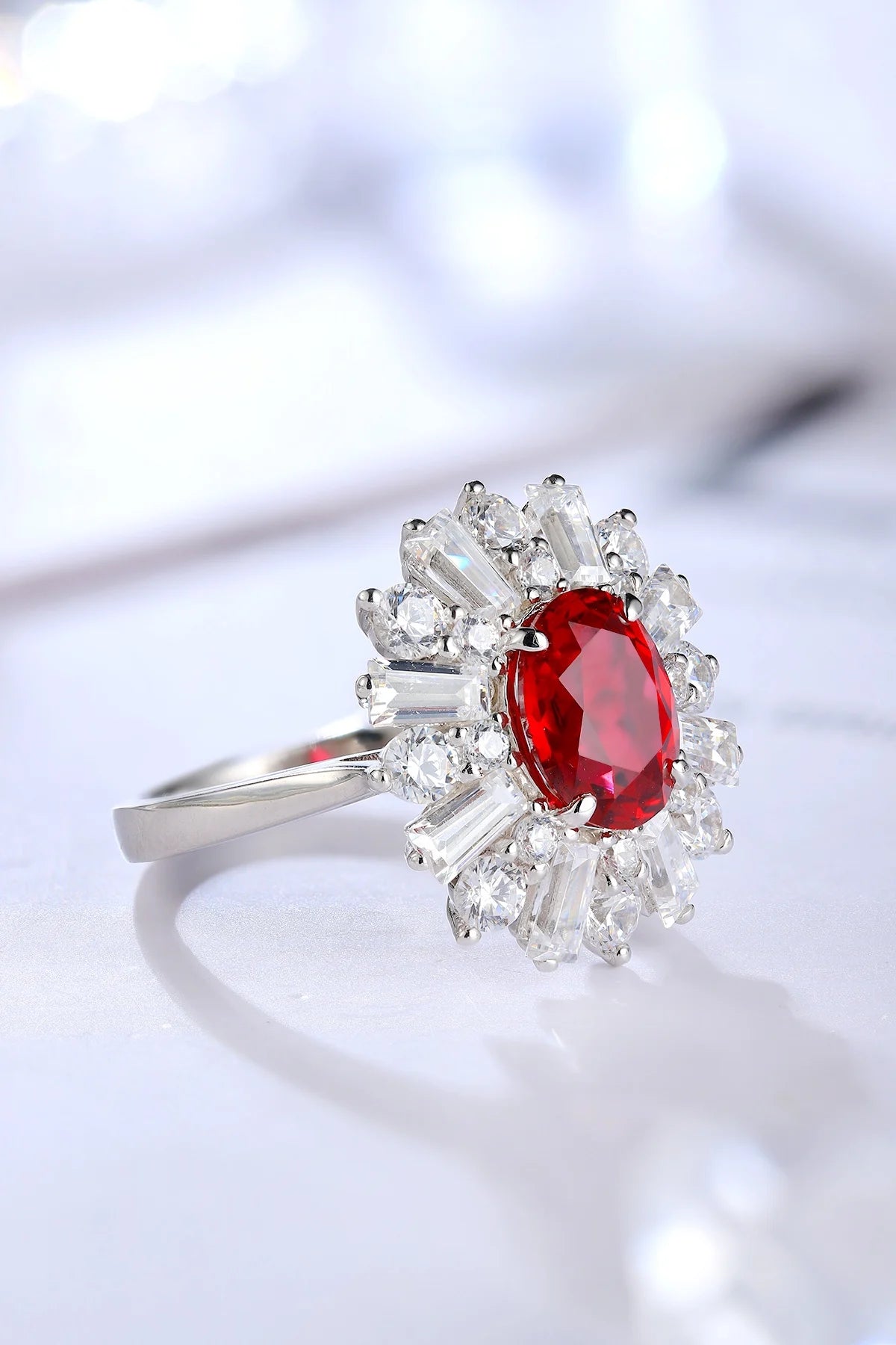 Gemfiori Anster Lab Created Ruby Women Ring S925 Sterling Silver Lab Made Diamonds and Ring