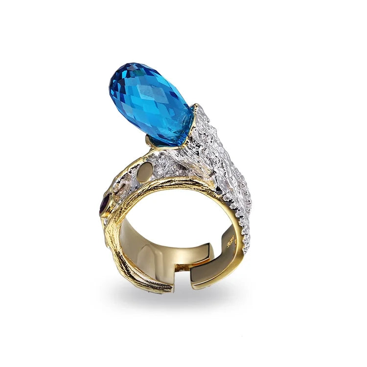 Arabic Blue Glass 18k Gold Plated 925 Sterling Silver Store Ring