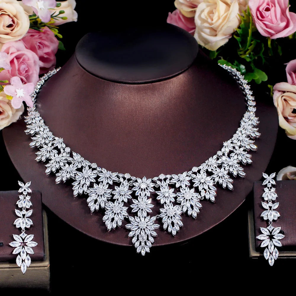 Luxury Big Statement Heavy Cubic Zirconia Women's Long Tassel Wedding Necklace and Earrings Pageant Jewelry Sets for Brides