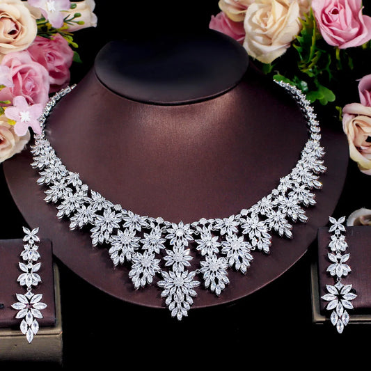 Luxury Big Statement Heavy Cubic Zirconia Women's Long Tassel Wedding Necklace and Earrings Pageant Jewelry Sets for Brides