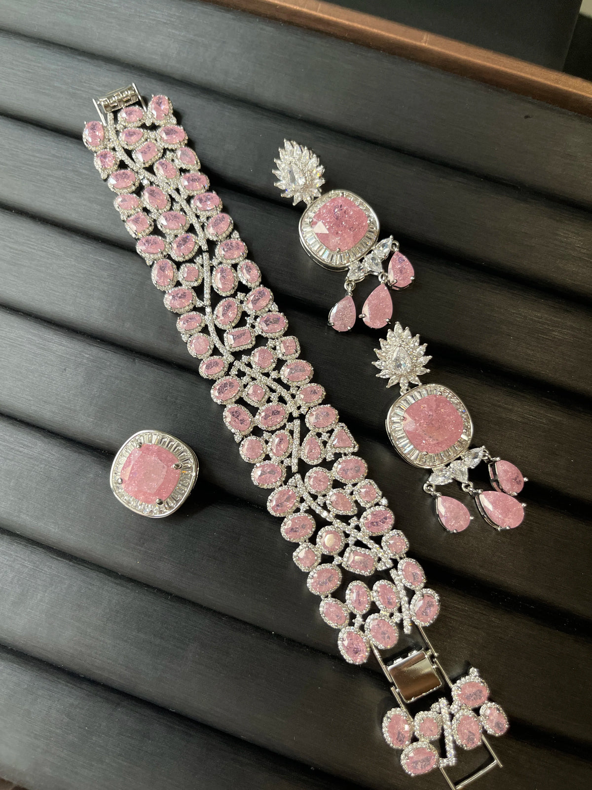XOTICA TIANSHE Pink Zircon Jewelry 3Pcs Set Heavy Wide Link Bracelet Tassel Drop Earrings &Ring for Women