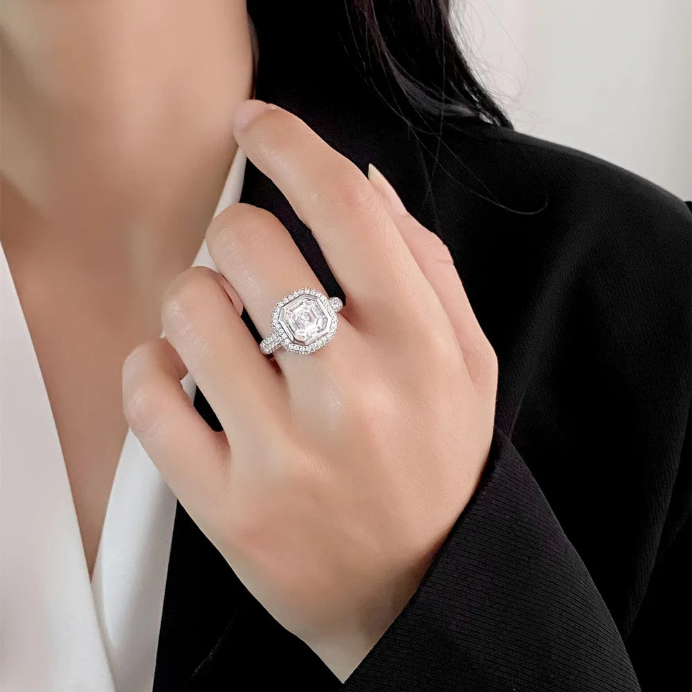 MuShan Jewelry Factory Three Dimensional Square Platinum Plated S925 Silver Zircon Diamond Women's Wedding Anniversary Party