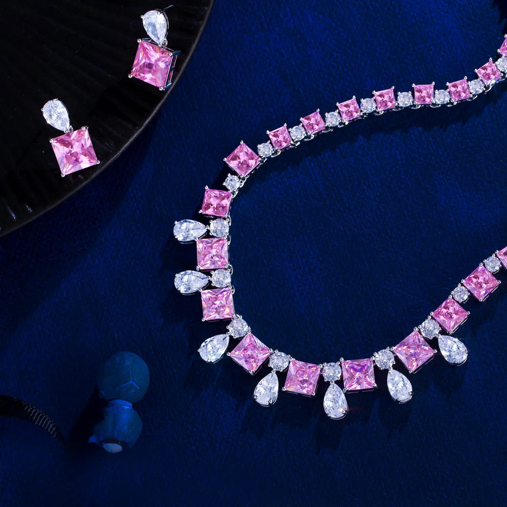 Romantic Pink and White Cubic Zircon Silver Plated Necklace Earring Women Wedding Jewelry Set for Engagement Jewellery Accessory
