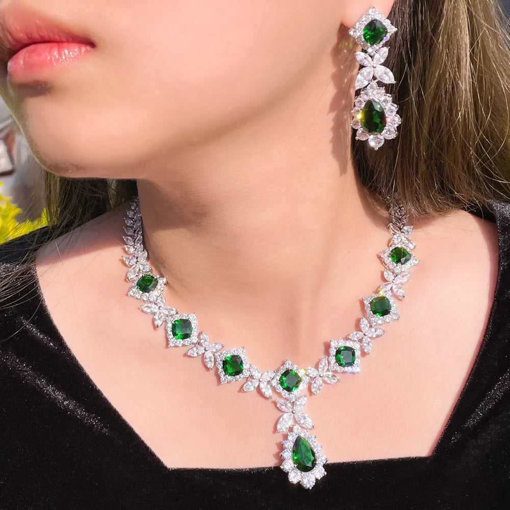Statement Necklace Earrings White and Green Cubic Zirconia Stone Bridal Jewelry Sets for Women Party Wedding Dress Accessories