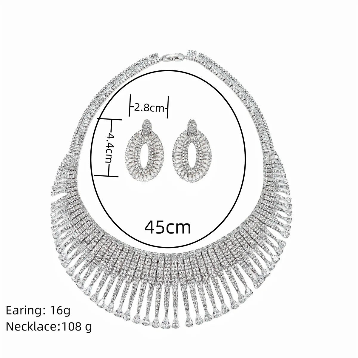 Luxury Full-Paved Zirconia 2-Piece Nigerian & UAE Dubai Geometric Necklace & Earrings Bridal Set — Rhodium Plated