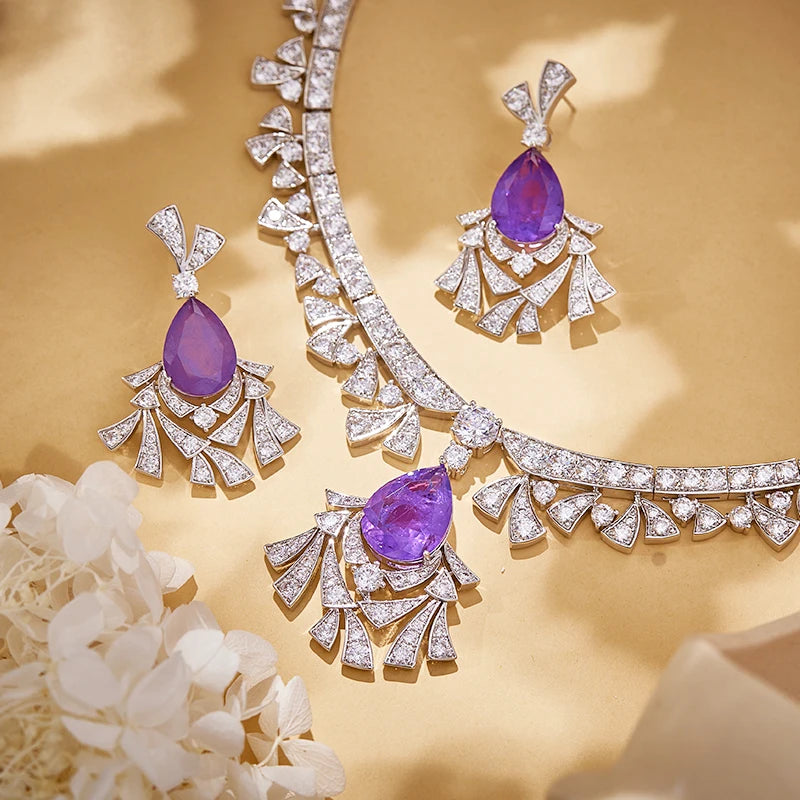 Luxurious Purple Water Droplet Necklace Earrings Fashionable Inlaid Cubic Zirconia Brass Women's Sexy Dress Accessories