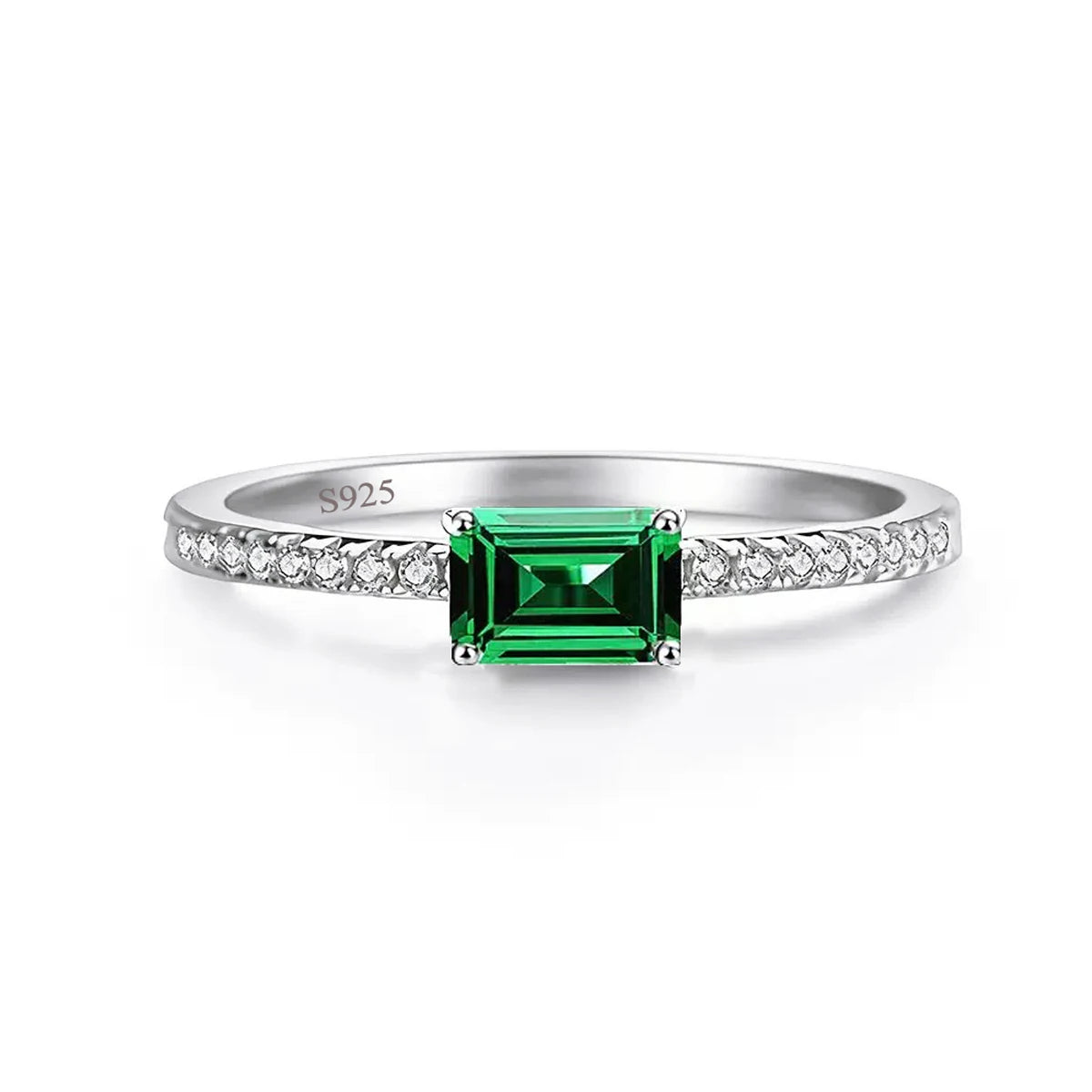 S&S 925 Sterling Silver Green Emerald-Cut CZ Solitaire Ring – Sizes 6–9 – Collection