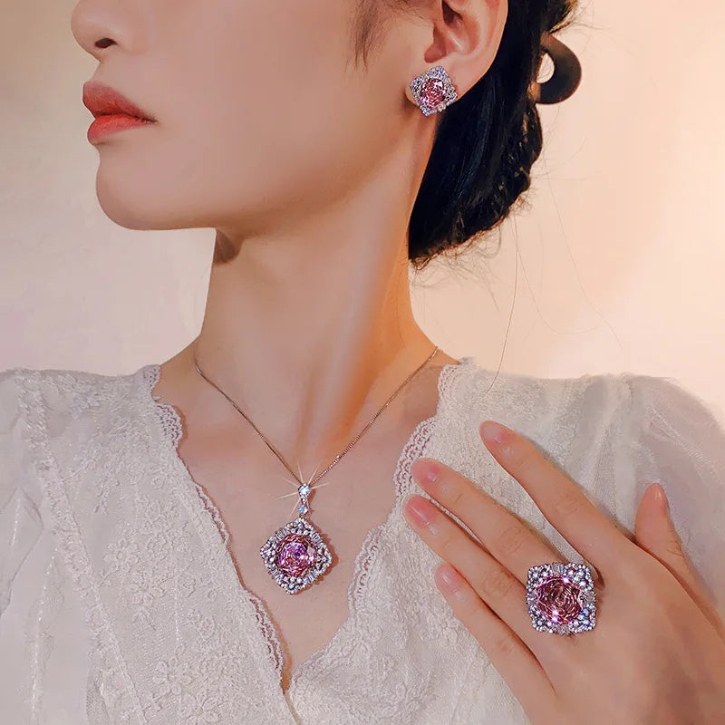 Gemfiori Luxurious Exquisite Flower Design Engagement Necklace Ring Earring Jewelry Luxurious Anniversary Gift Copper Gold-plated Set