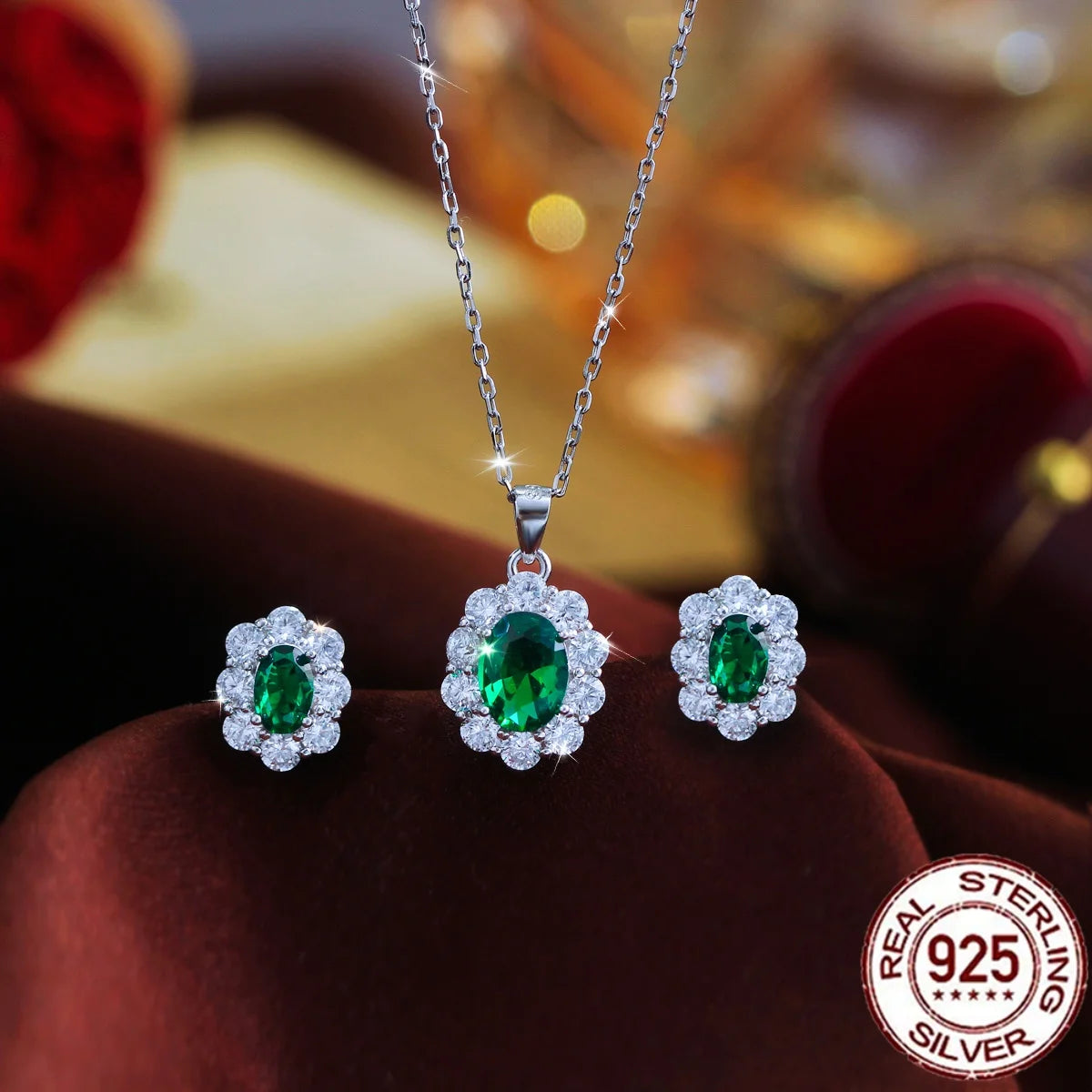 925 Sterling Silver Green Oval CZ Jewelry Set Rhodium Plated Flower Pendant Necklace Stud Earrings Bridal Wedding Engagement