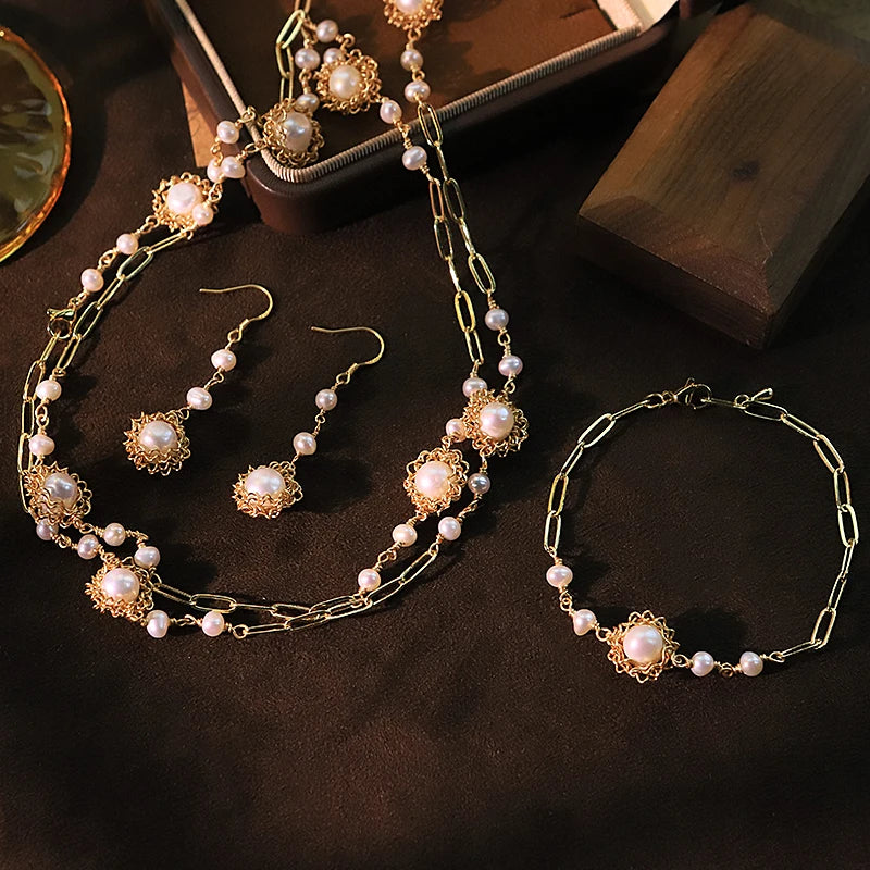 Natural Freshwater Pearl Flower Three-piece Set Luxurious Design Earrings Necklace Bracelet Gift Wedding Banquet GS0217