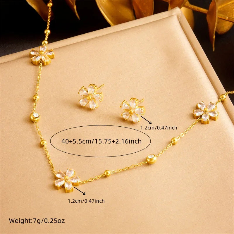 Gold Zircon Flower Necklace, Earrings & Bracelet Jewellery Set | Sparkling Luxury Set