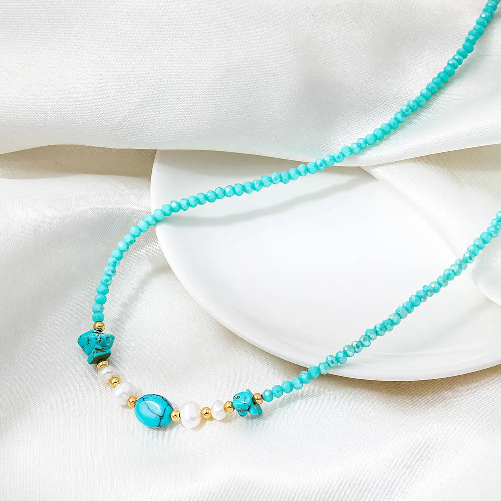 Joolim PVD Plated Wholesale Waterproof Fashion Boho Mixed Turquoise Chip & Pearl Bead Necklace Stainless Steel Jewelry
