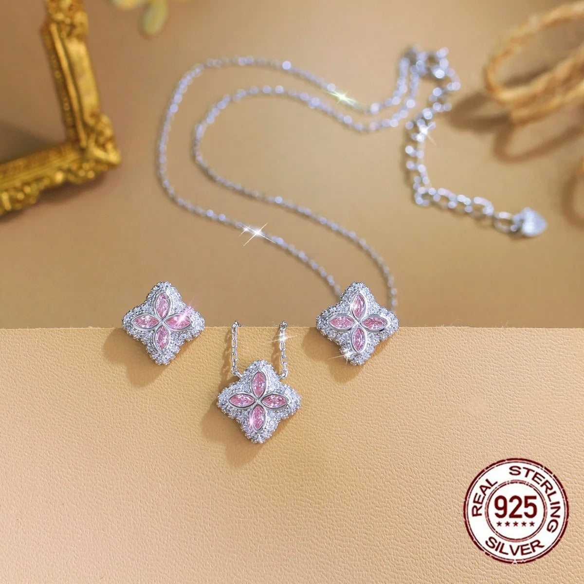 Sparkling Pink CZ 925 Sterling Silver Necklace and Earrings Bridesmaid Lucky Four Leaf Clover Jewelry Set for Women Daily Wear
