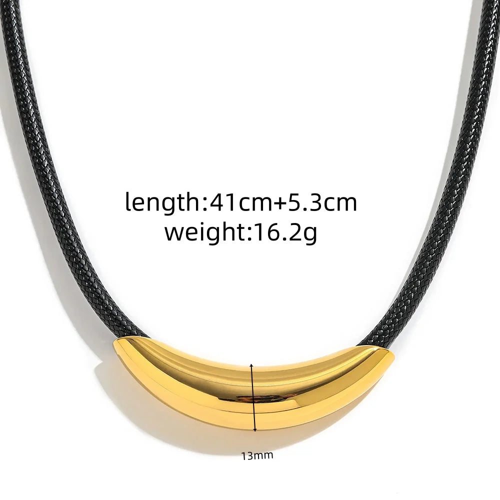 Joolim PVD Plated Wholesale Waterproof Fashion Curved Bar Crescent Pendant Leather Choker Necklace Stainless Steel Jewelry
