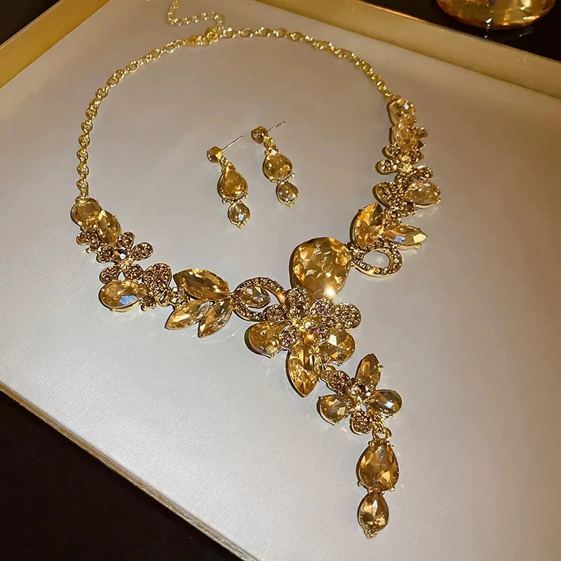 Luxury Princess-Cut Zirconia Champagne Crystal & Pearl Floral Necklace & Drop Earrings Bridal Set — Gold Plated