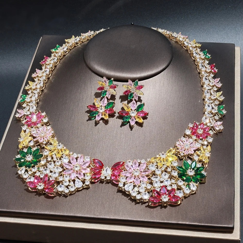 Bella Viva Vintage Elegant Luxury Floral Cubic Zirconia Necklace & Earring Set, Women's Jewelry for Bride, Dinner Dress & Party