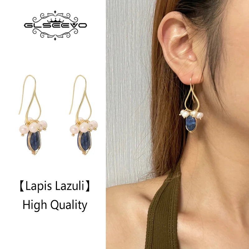 Natural Lapis Lazuli Pearl Temperament Drop Earrings for Women Girls Party Gift Original Design Luxury  Earrings Bulk