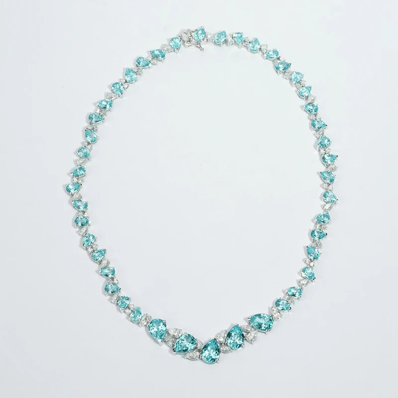 Gemfiori Luxury Blue Gemstone Necklaces Jewelry 14K Solid Gold Paraiba Color Lab Sapphire Gemstone with DFE Moissanite Necklace