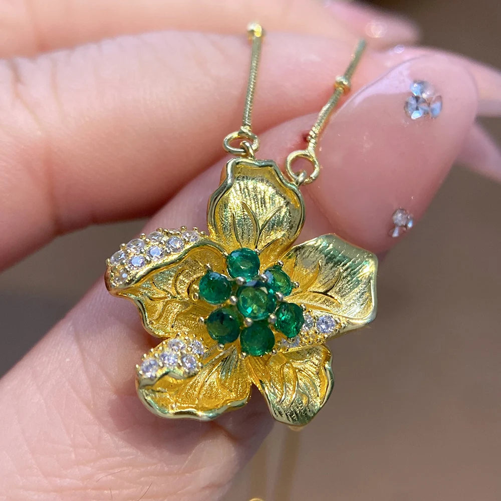 Gioiellieri Vintage 925 Sterling Silver Oval Cut Emerald Pendant Necklace Gold Plated Classic Style Party & Wedding Jewelry