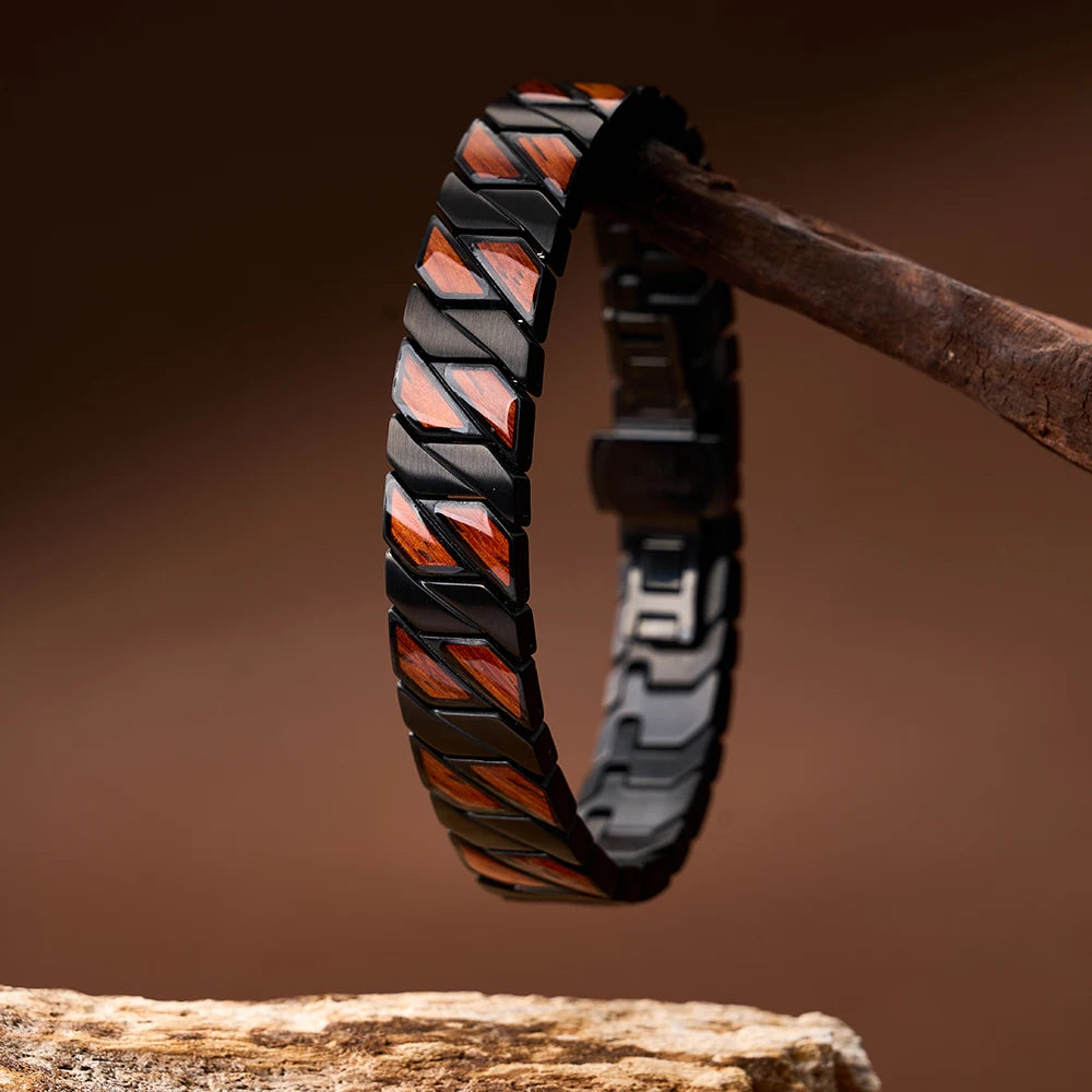 REBEL China Factory Custom Logo Engraving Black Stainless Steel and Red Wood Bracelet for Men