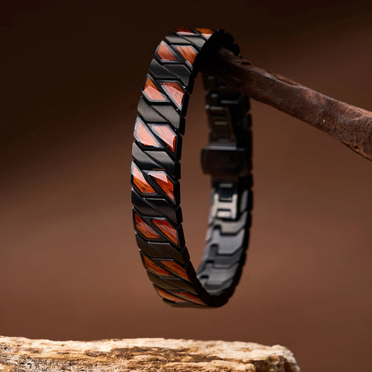 China Factory Custom Logo Engraving Black Stainless Steel and Red Wood Bracelet for Men