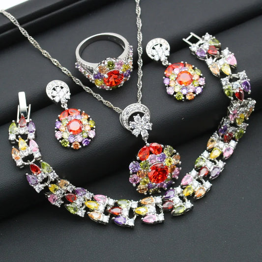 Women's Silver 925 Jewelry Set Multicolor Cubic Zirconia Classic Earrings Necklace Pendant Ring Bracelet for Weddings Parties